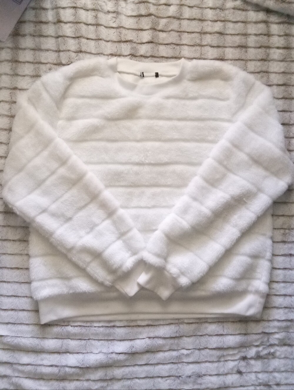 Plush White Fuzzy Striped Pullover Sweater